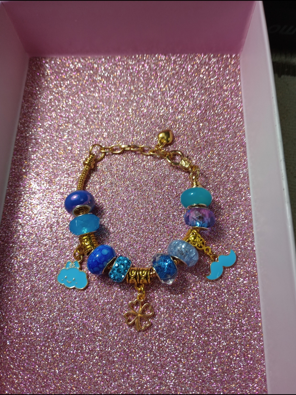 Pandora Style Gold-Tone Blue Beaded Charm Bracelet - Stylish Women Jewelry
